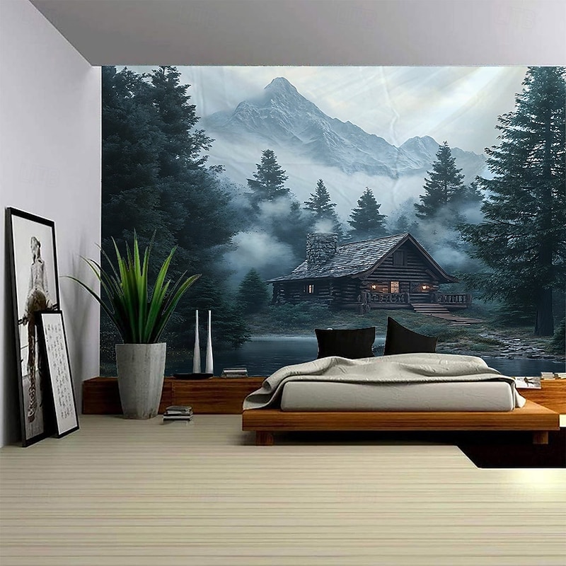 Misty Mountain Mysterious Cabin Waterfall Landscape Hanging Tapestry Mural Art Large Tapestry Mural Decoration Photos Background Carpet Curtains Home Bedroom Living Room Decoration3
