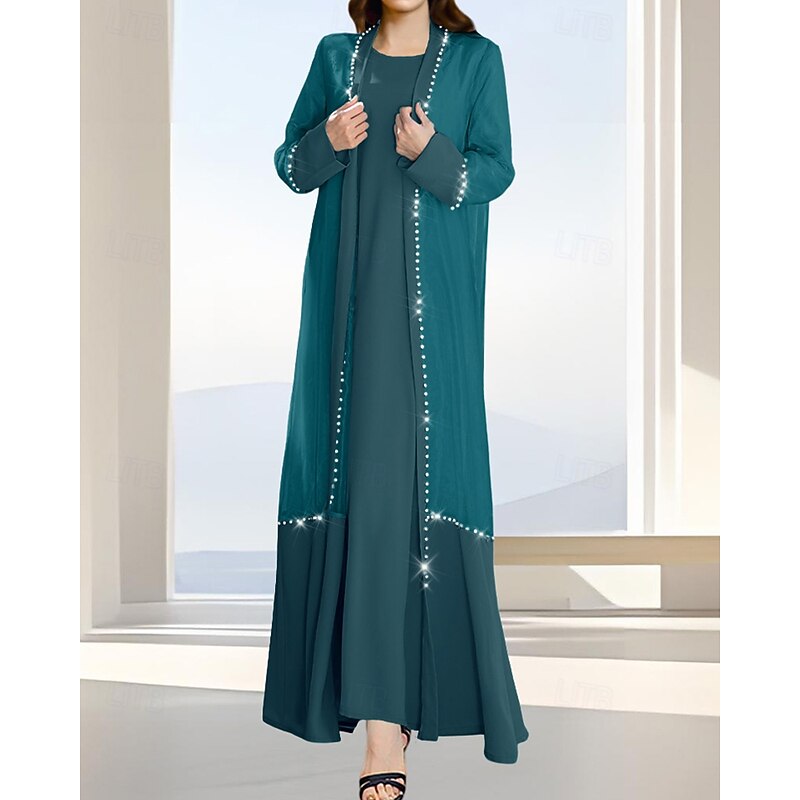 Two Piece A-Line Mother of the Bride Dress Formal Elegant Simple Luxurious Boat Neck Floor Length Satin Organza Long Sleeve with Crystals4