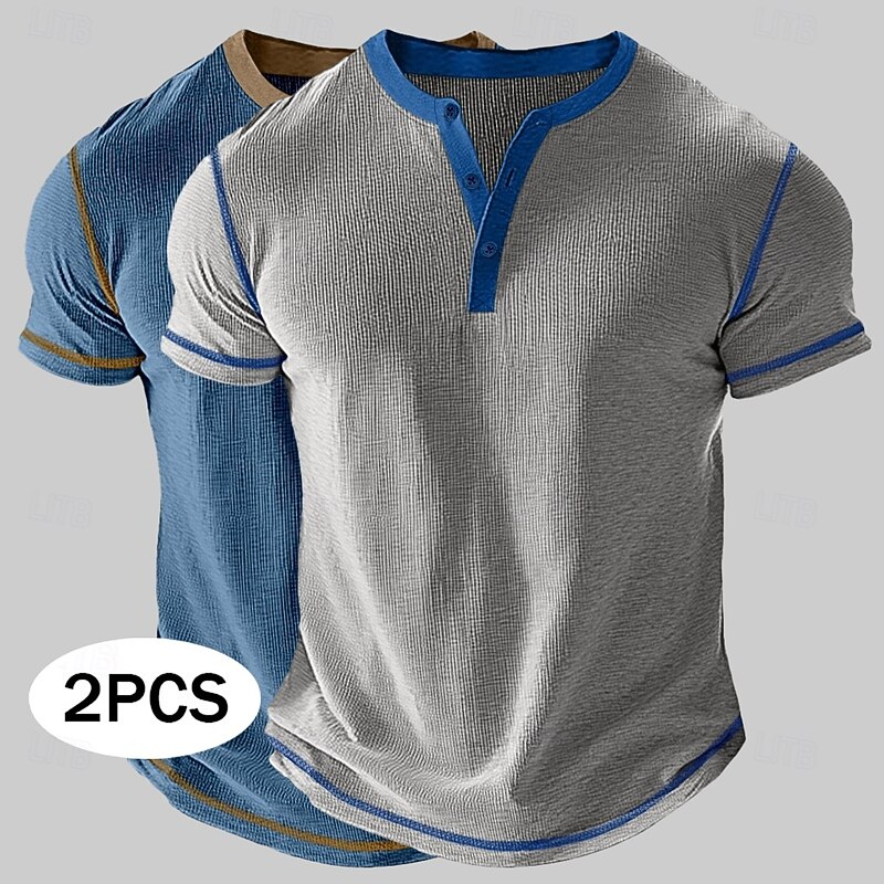 2 Piece Men's Waffle Henley Shirt Tee Short Sleeve Solid Color Vintage 2 Piece Buttons Henley Outdoor Casual Daily Summer Henley T-Shirt