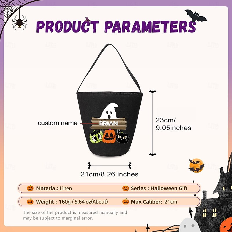 Personalized Name Halloween Treat Bag for Kids Trick or Treat Custom Candy Tote Bag Basket Gift Bag, Funny Ghost Design Large Capacity Reusable Candy Toy Holder2