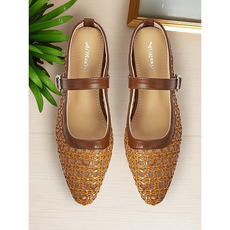 Women's Brown Woven Flats with Strap, Square Toe Faux Leather Slip-Ons for Casual Comfort and Daily Dates2