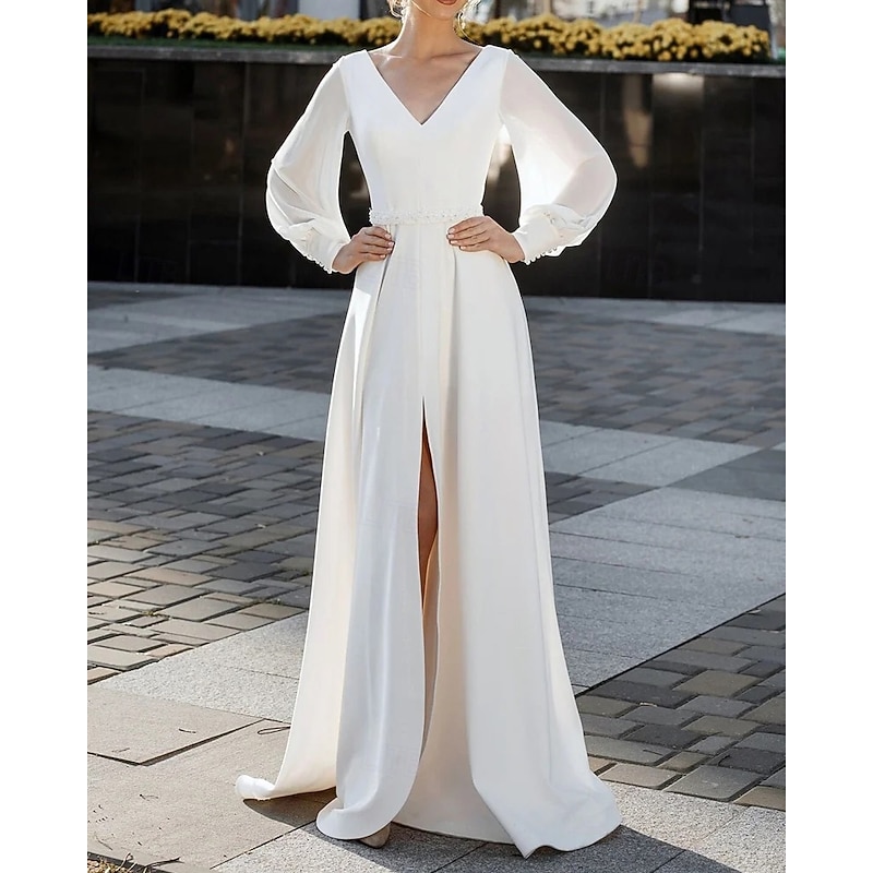 Casual Wedding Dresses A-Line V Neck Long Sleeve Floor Length Stretch Crepe Wedding Guest Dress Simple Bridal Gowns With Beaded Waist Belt2