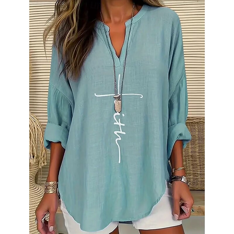 Women's Blouse Tunic V Neck Long Sleeve Boho Casual Tops Graphic Letter Elegant Vintage Tropical Regular Tops Daily Print Black Blue Purple Green Beige Fall2