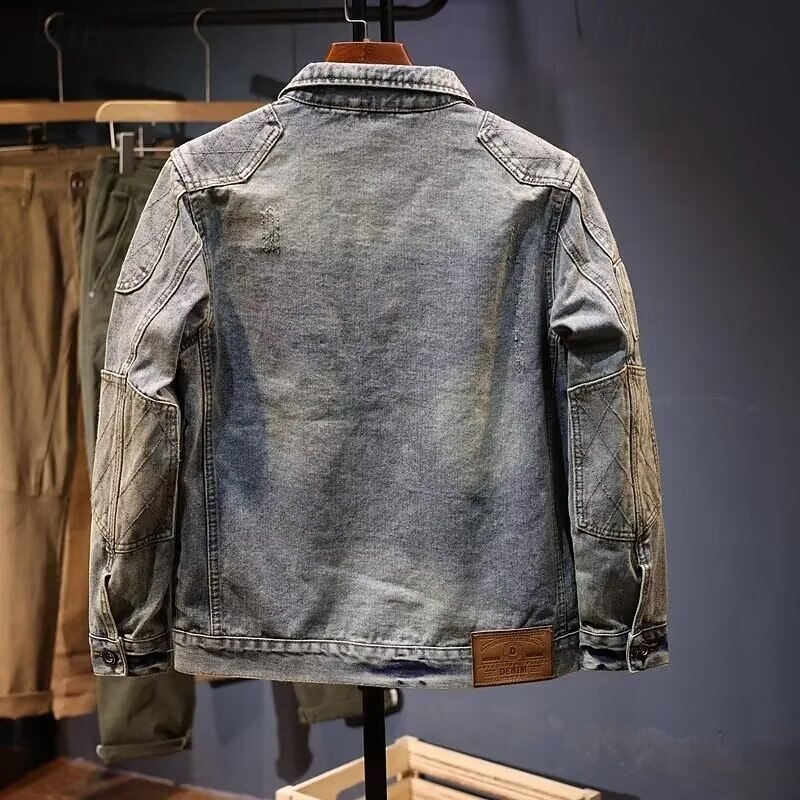 Men's Lightweight Jacket Denim Jacket Formal Home Windbreaker Durable Pocket Classic Spring Fall Winter Solid Color Active Vintage Turndown Regular Dark Grey Jacket3