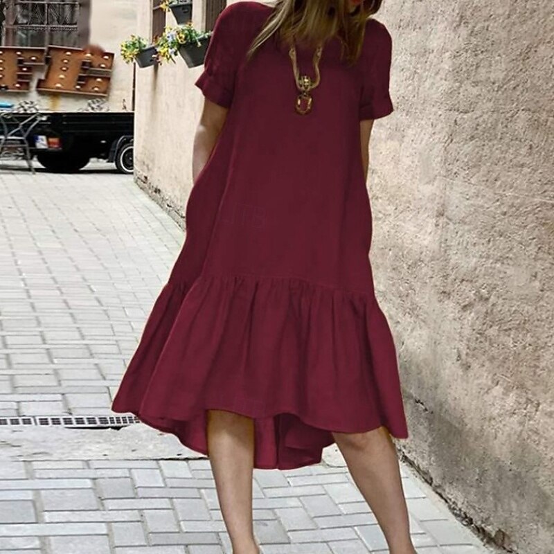 Women's Midi Dress Casual Dress Peplum Dresses Classic Modern Outdoor Vacation Daily Regular Fit Plain Short Sleeve Crew Neck Black Yellow Wine Summer2