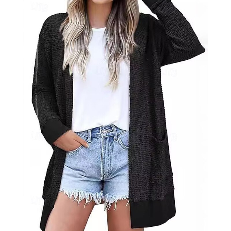 Women's Cardigan Fashion Solid Color Ribbed V Neck Pocket Knitted Long Sleeve Regular Tops Knit Holiday Going out Weekend Black Light Grey Fall Winter2