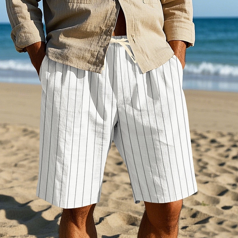 Men's Shorts Linen Shorts Summer Shorts Beach Shorts Pocket Elastic Waist Drawstring Stripe Comfort Breathable Short Vacation Holiday Beach Hawaiian Boho Black White