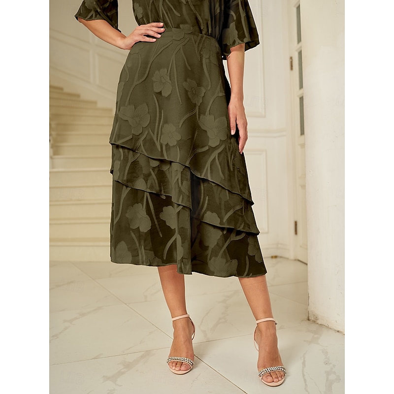 Women's Skirt Elegant Midi Mid Waist Skirts Floral Layered Inelastic Party Causal Olive Summer Chiffon2