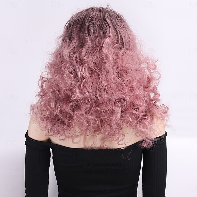 Synthetic Wig Wavy Afro Curly Asymmetrical With Bangs Machine Made Wig 20 inch A1 Synthetic Hair Women's Classic Thick Comfortable Pink3