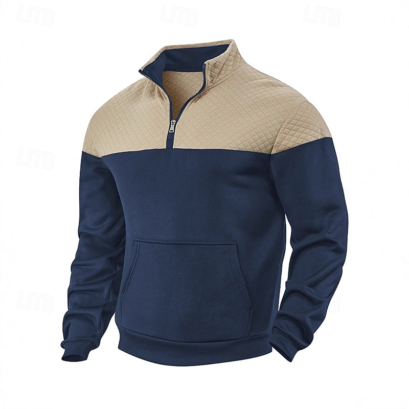 Men's Waffle Sweatshirt Zip Sweatshirt Black Army Green Navy Blue Khaki Gray Standing Collar Color Block Color Block Quarter Zip Sports & Outdoor Casual Daily Streetwear Cool Sportswear Spring &  Fall
