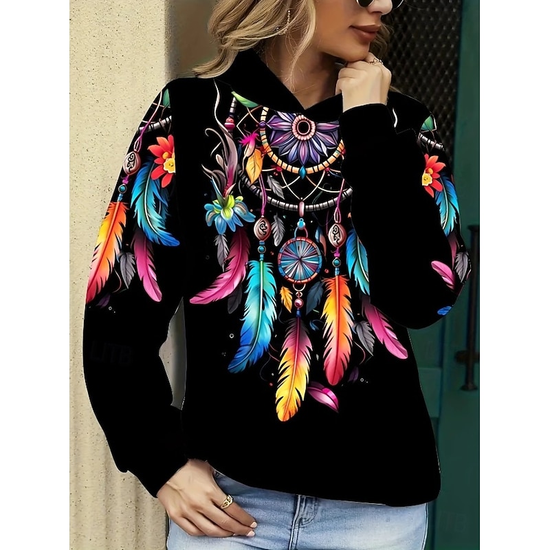 Women's Hoodie Pullover Sweatshirt Oversized Long Sleeve Casual Graphic Tribal Vintage Fashion Western Hooded Regular Tops Street Dailywear Holiday Print Front Pocket Black Fall Winter3