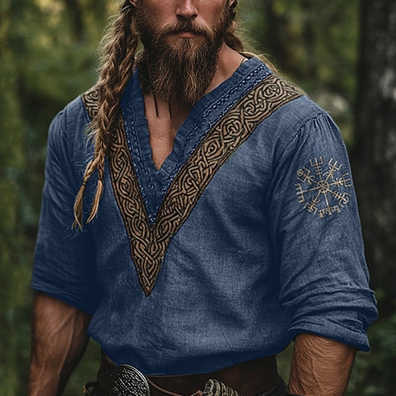 Men's Shirt Linen Shirt Viking Style Popover Shirt Summer Shirt Beach Wear Geometric Vacation Street Blue Green Khaki Long Sleeve V Neck Summer Spring Clothing Apparel4
