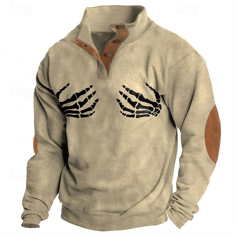 Men's Sweatshirt Black Navy Blue Khaki Standing Collar Graphic Skull Print Daily Holiday Going out Polyester Streetwear Casual Fall Winter Clothing Apparel Hoodies Sweatshirts  Long Sleeve3