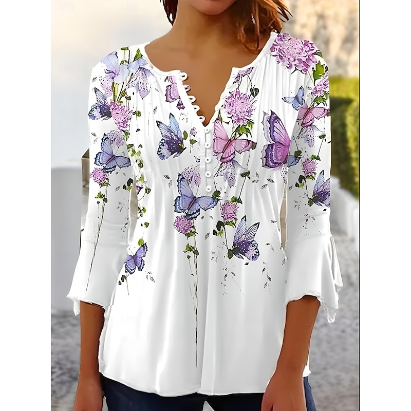 Women's Blouse V Neck Ombre Floral Graphic Elegant 3/4 Length Sleeve Regular Tops Daily Going out Buttons Sage Green White Blue Purple Green Summer Spring Fall2