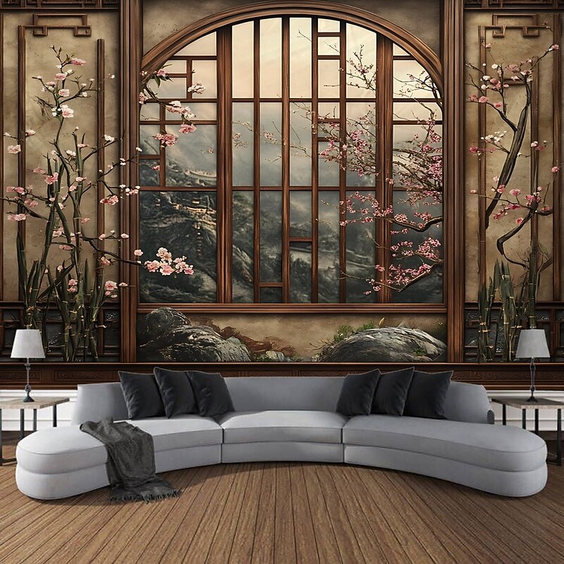 Vintage bamboo forest tree scenery tapestry decorative art blanket curtain hanging home bedroom living room decoration4