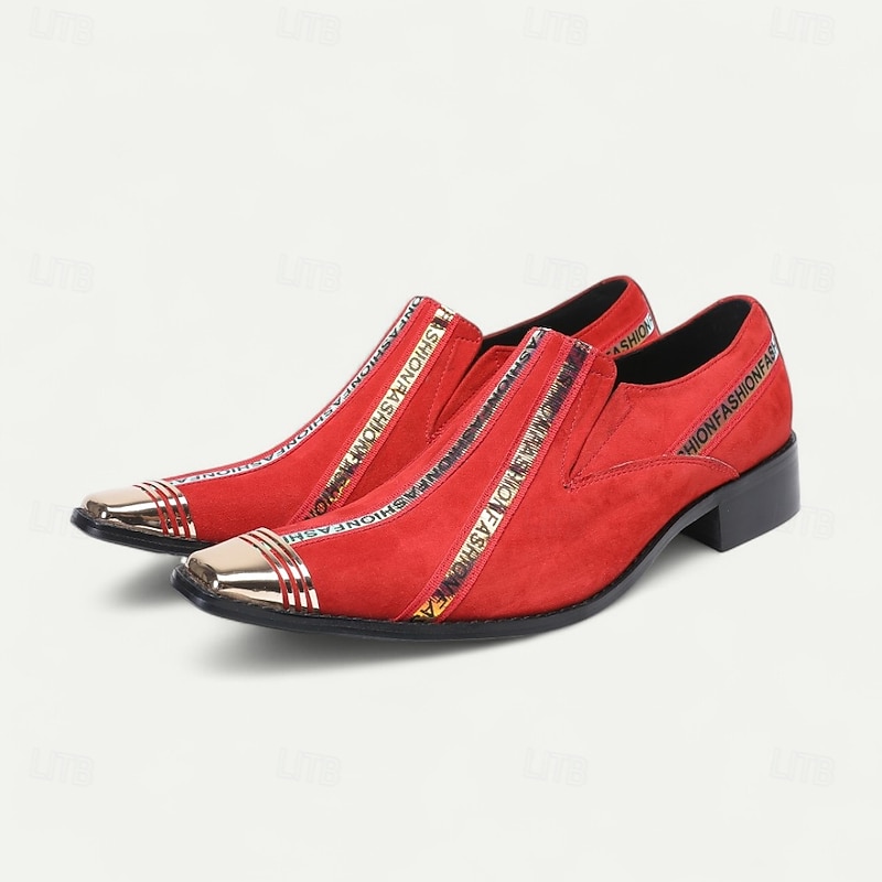 Men's Red Slip-On Leather Boots with Gold Tip Unique Printed Stripes–Modern Western Boots for Casual, Everyday Wear2