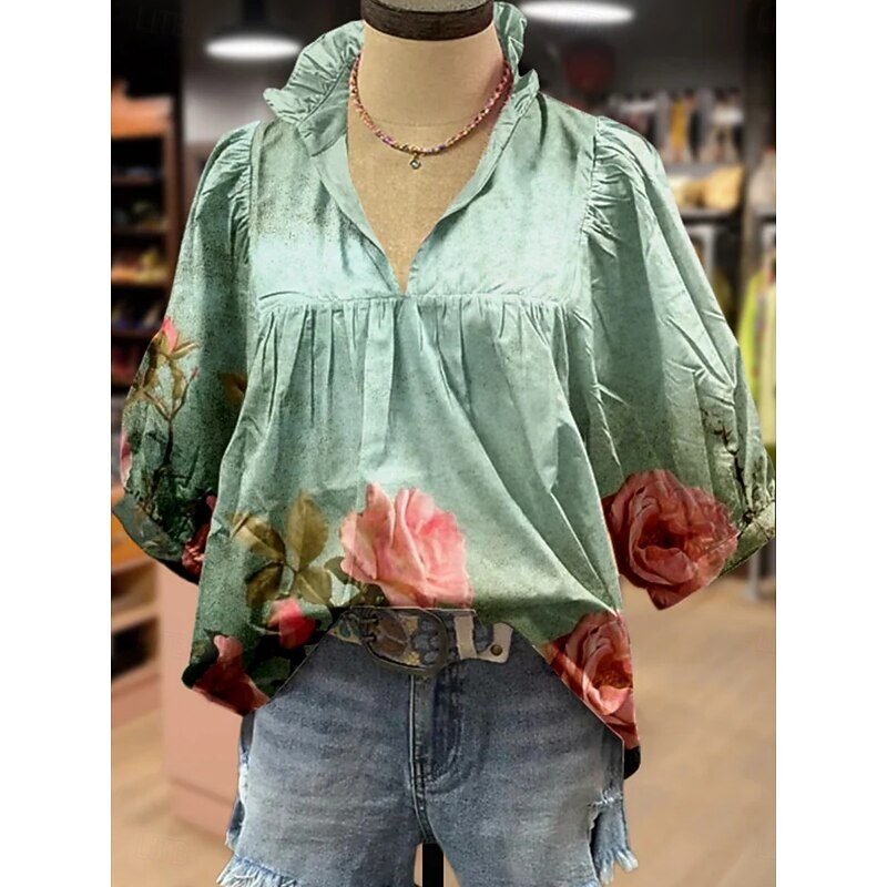 Women's Shirt Floral Stylish Modern Boho Half Sleeve V Neck Regular Tops Daily Holiday Print Pink Navy Blue Blue Green Khaki Summer4