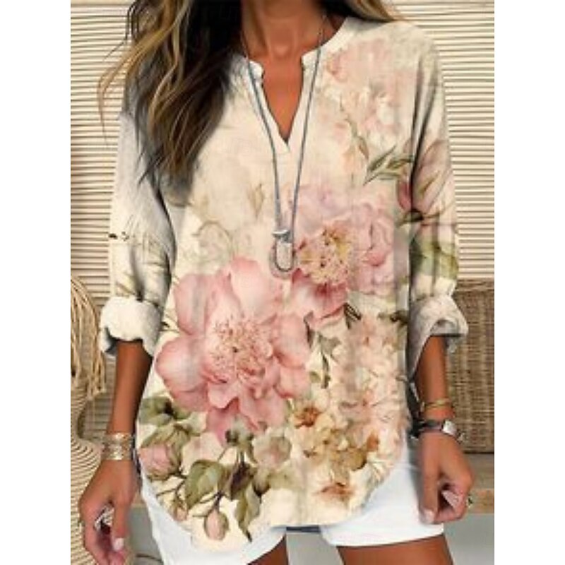 Women's Shirt Floral Stylish Modern Long Sleeve V Neck Regular Tops Daily Holiday Buttons Print Pink Red Blue Green Summer2