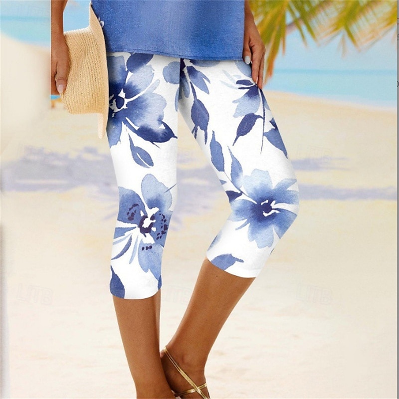 Women's Leggings Anti Chafing Shorts Cozy Leggings Fashion Streetwear Calf-Length Natural Flower Elastic Waist Comfortable Breathable Stretchy Daily Wear Festival White Yellow Pink Blue Summer Slim4