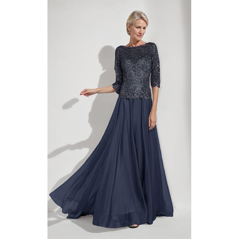 A-Line Mother of the Bride Dress Elegant Simple Minimalist Boat Neck Floor Length Chiffon Half Sleeve with Lace4