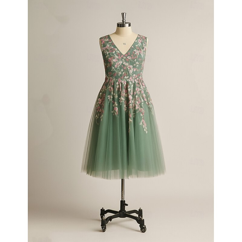 Floral Embroidered Lace A-line Tulle Prom Dresses Elegant Dress Formal Wedding Guest Tea Length Sleeveless V Neck4