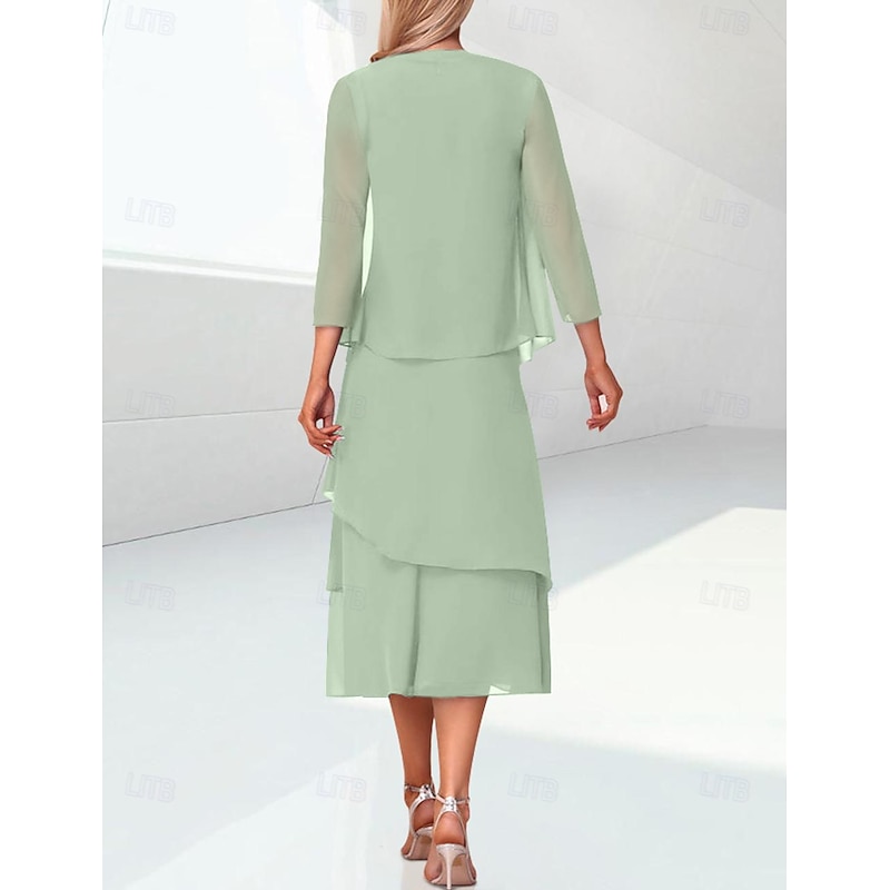 Beach Wedding Sheath Mother of the Bride Dress Elegant Jewel Neck Tea Length Chiffon 3/4 Length Sleeve Wrap Included with Ruching2