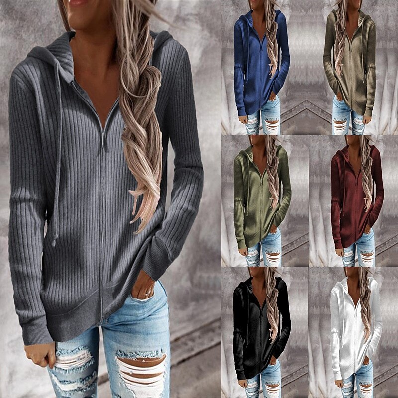 Women's Cardigan Casual Solid Color Crochet Hooded Zipper Knitted Long Sleeve Regular Tops Knit Outdoor Holiday Weekend Black White Fall2