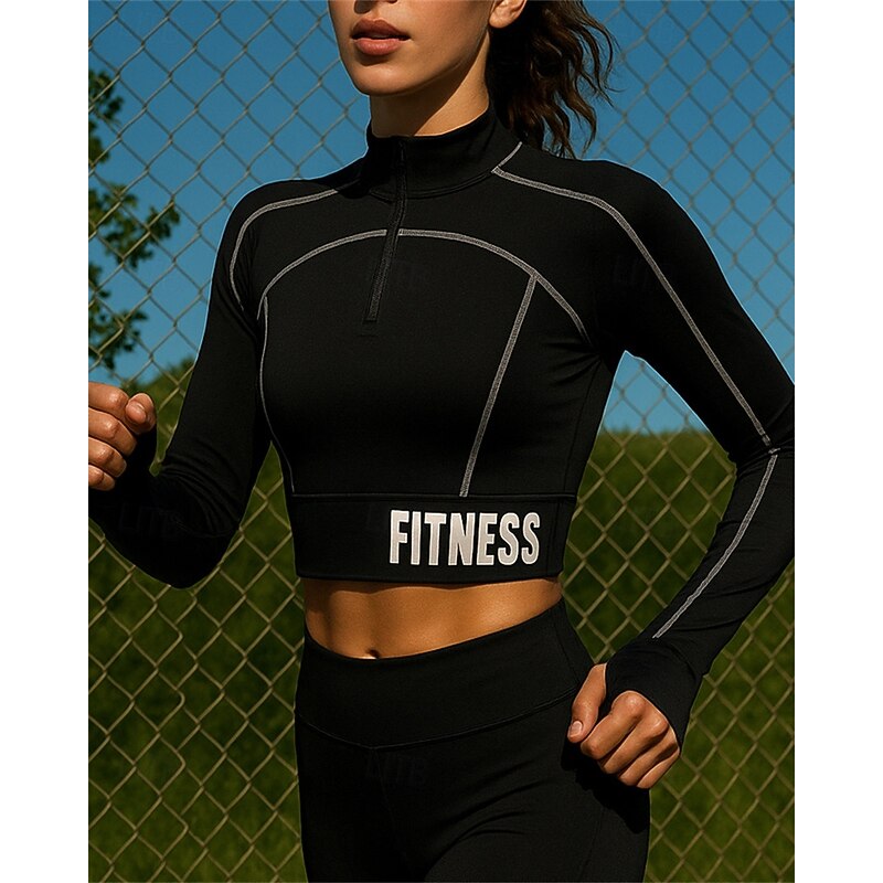 Women's Running T-Shirt Running Top Sports Top Quarter Zip Long Sleeve Tee Tshirt Letter Lightweight Breathable Running Yoga Sportswear Activewear Black White4