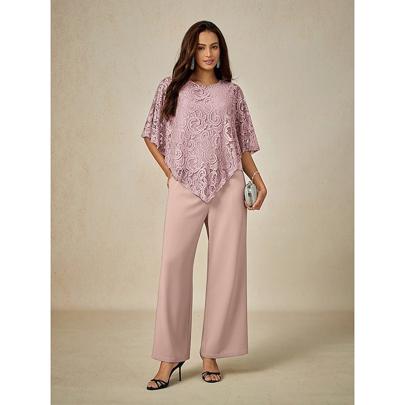 Women's Blouse Dressy Tops Plain Elegant Half Sleeve Crew Neck Regular Tops Wedding Guest Daily Lace Patchwork Layered Blush Pink Summer Spring3