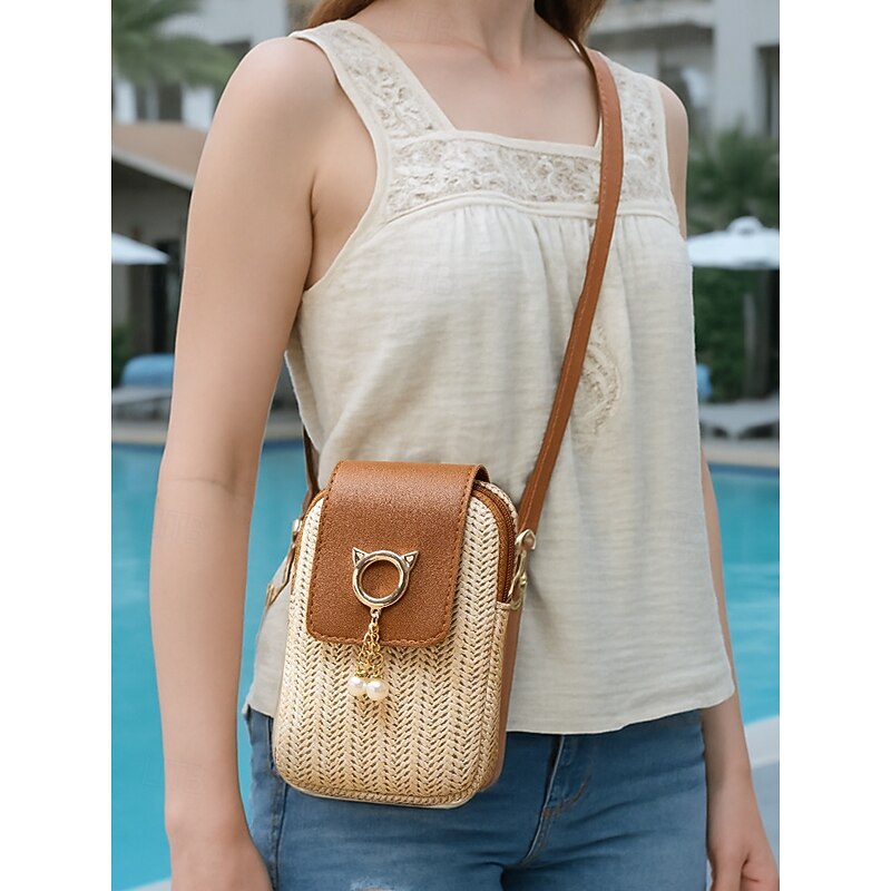 Women's Straw Crossbody Phone Bag with Cat Ears Pendant – Cute Woven Mini Purse, Casual Summer Style, Small Shoulder Bag for Teen Girls & Women, Ideal for Beach, Vacation & Daily Outings2