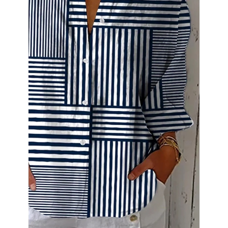 Women's Shirt Button Down Tunic Shirt Collar Long Sleeve Graphic Geometric Striped Vintage Tropical Daily Regular Tops Work Daily Holiday s Print Navy Blue Spring Fall3