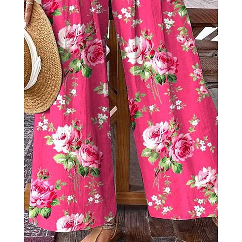 Women's Pants Trousers Palazzo Pants Fashion Boho Full Length High Waist Floral Elastic Waist Comfy Comfortable Micro-elastic Street Daily Wear Going out Pink Orange Summer Spring Regular Fit3