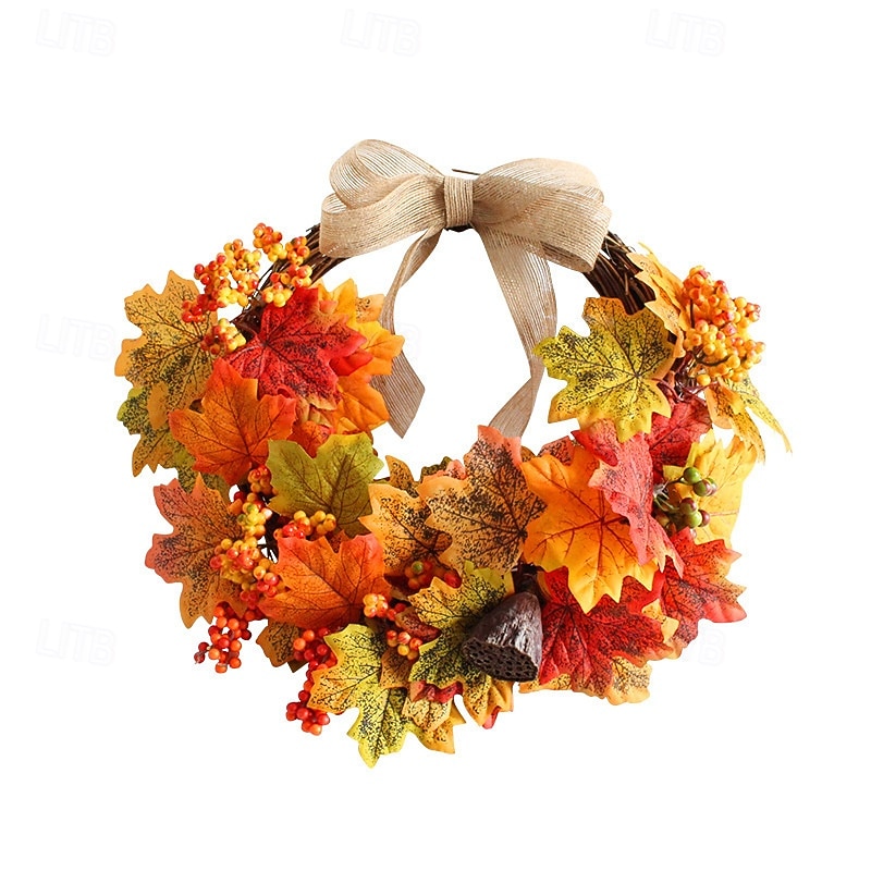 Fall Wreath for Front Door Thanksgiving Autumn Harvest Indoor Outdoor Decoration, Artificial Maple Leaf Grapevine Wreath Rustic Fall Wall Hanging Decor3