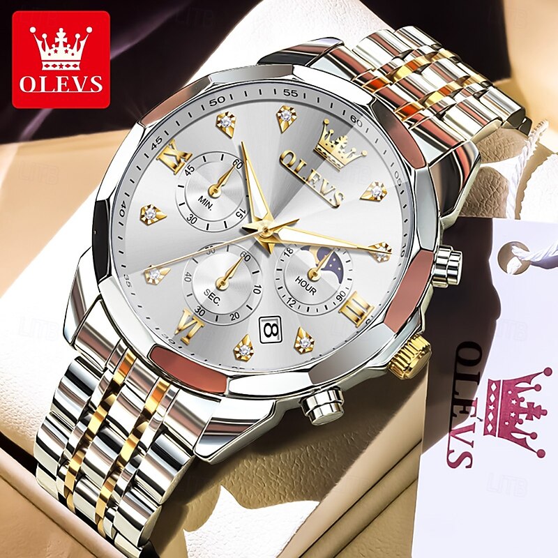 OLEVS 3670 Mens Watch Multifunctional Chronograph Quartz Watch Waterproof Luminous Moon Phase Watch