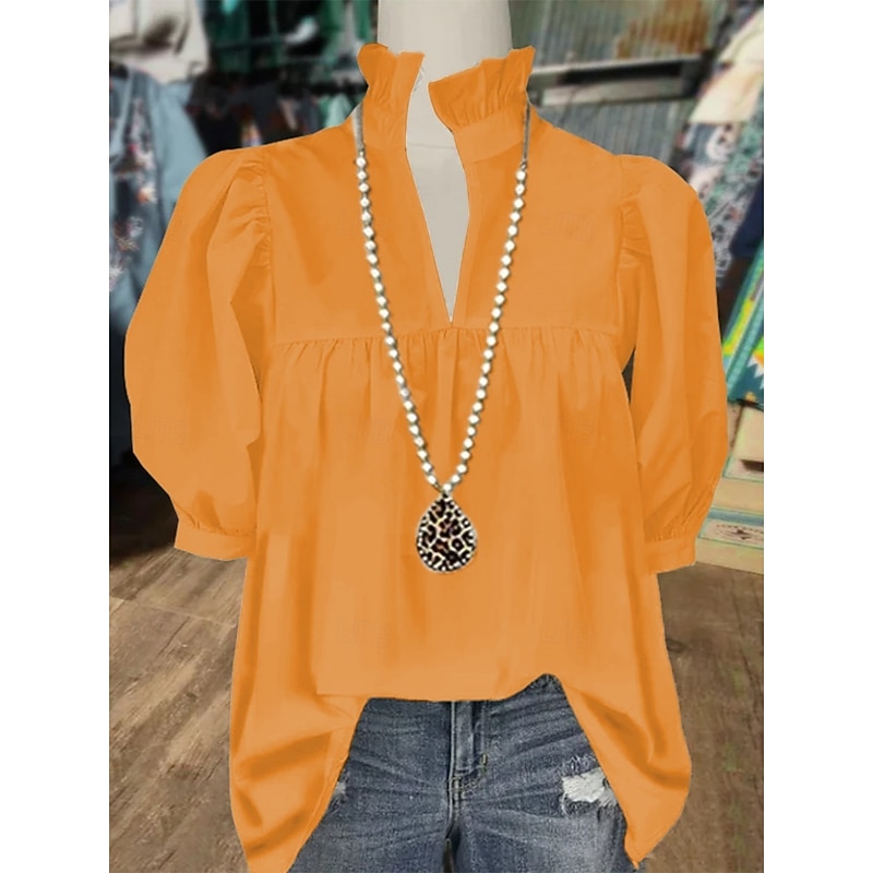 Women's Shirt Plain Basic Modern Half Sleeve V Neck Regular Tops Daily Holiday Ruched Black White Yellow Blue Fuchsia Summer2