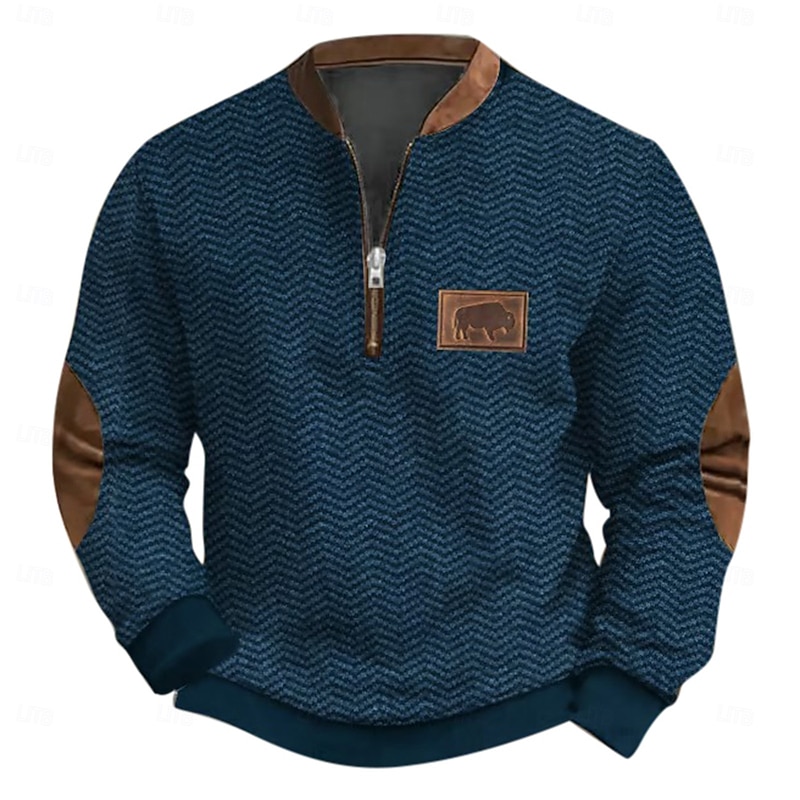 Men's Sweatshirt Quarter Zip Sweatshirt Army Green Navy Blue Brown Gray Half Zip Color Block Ribbed Textured Knit-texture Sports & Outdoor Daily Holiday Polyester Streetwear Casual Spring &  Fall3