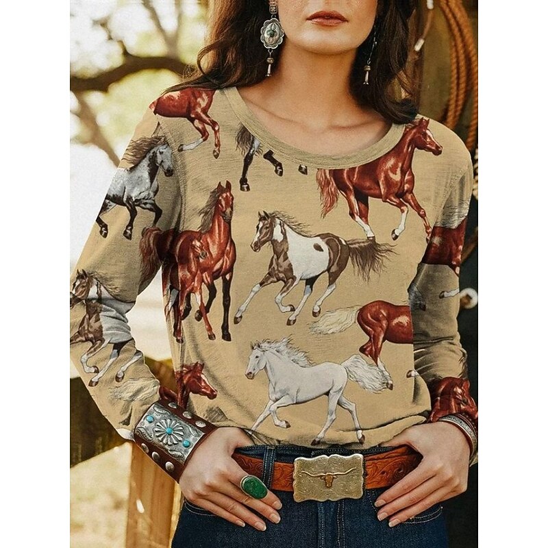 Women's T shirt Crew Neck Long Sleeve Tunic Graphic Geometry Bohemia Vintage  Round Neck Regular Tops Daily Club Uniforms Going out Print Gray / Red Light Brown Green Khaki Summer3