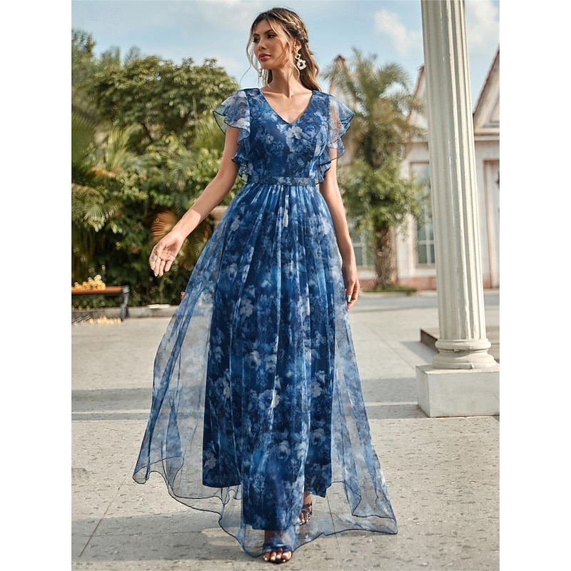 A-Line Quinceanera Dresses Elegant Dress Formal Wedding Floor Length Sleeveless V Neck Chiffon with Floral Print3