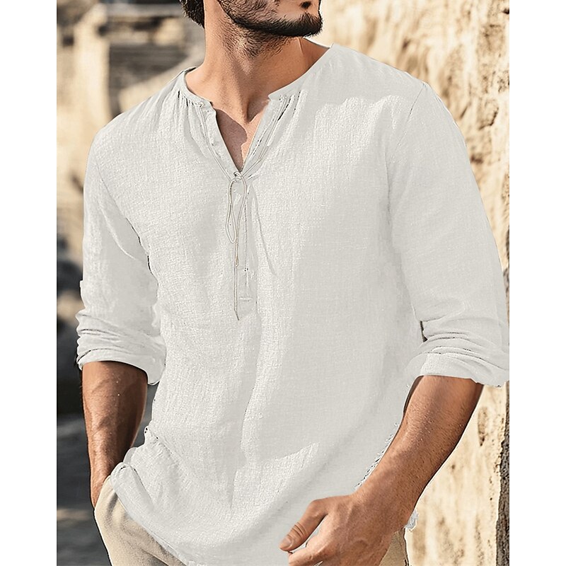 Men's Shirt Linen Shirt Popover Shirt Casual Shirt Cotton Shirt Plain Vacation Hawaiian Black White Brown Green Long Sleeve V Neck Spring Fall Clothing Apparel2