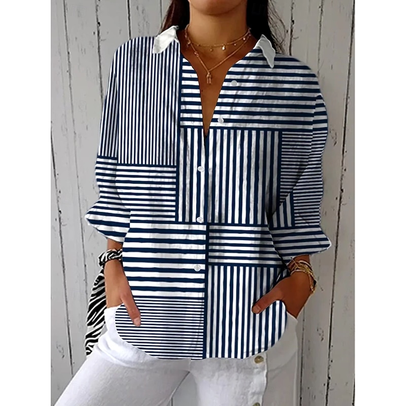 Women's Shirt Button Down Tunic Shirt Collar Long Sleeve Graphic Geometric Striped Vintage Tropical Daily Regular Tops Work Daily Holiday s Print Navy Blue Spring Fall