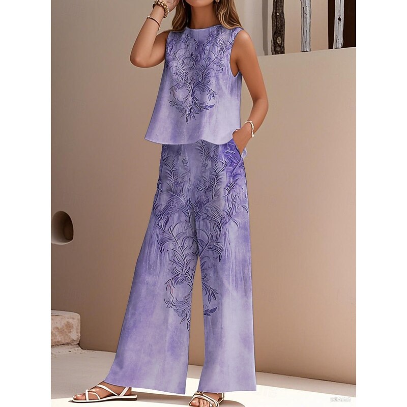 Women's Elegant Fashion Streetwear Two Piece Sets Blouse Vest Pants Trousers Sleeveless Crew Neck Outdoor Work Casual Floral Print Vacation Daily Holiday Blue Purple Gray Summer Regular Fit2