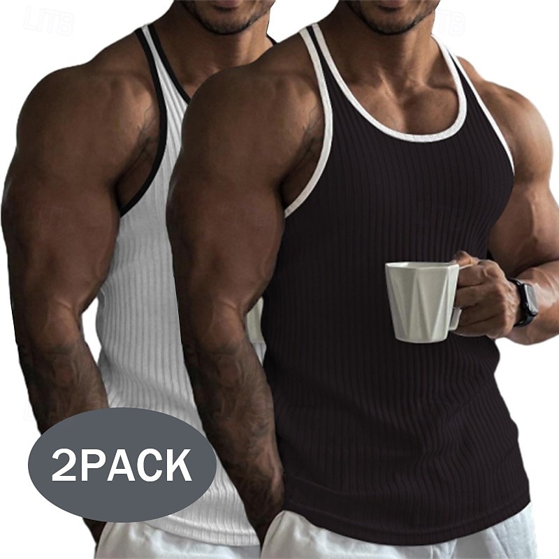2 Piece  Men's Tank Top Wife beater Shirt Sleeveless Crew Neck Summer Color Block Pit Strip Fashion Designer Sporty Outdoor Casual Going out White Black Top Tee for Men