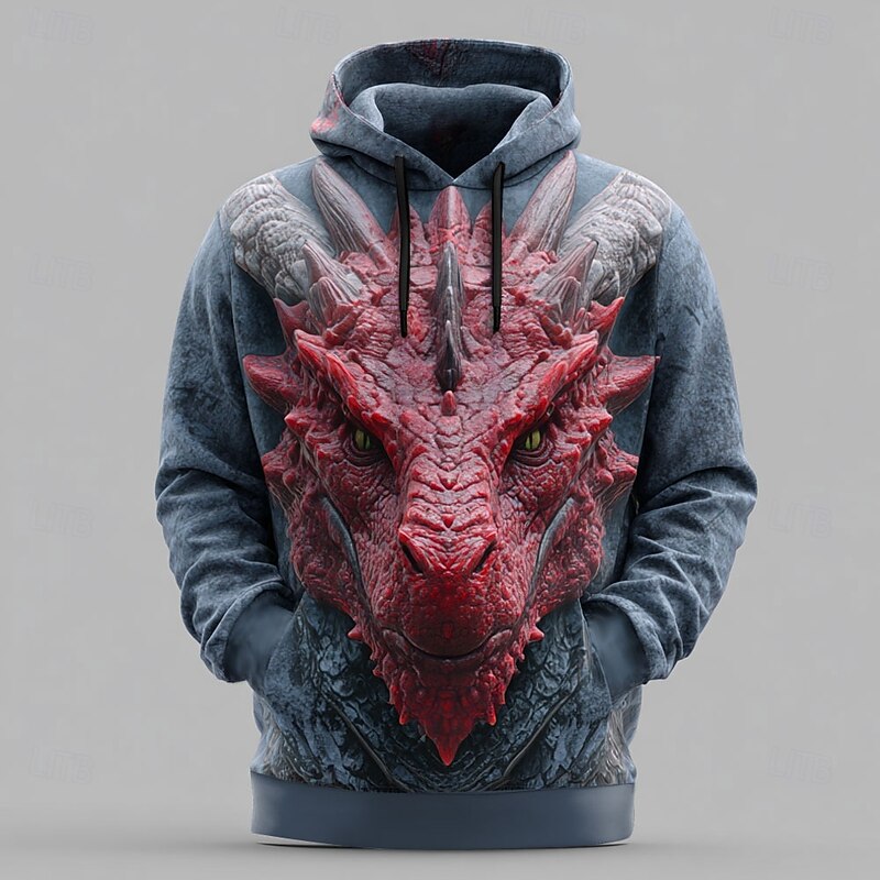 Men's Dragon Hoodies Sweatshirt Cool Party Long Sleeve Crew Neck Club Streetwear Blue Drawstring Fall Winter Designer