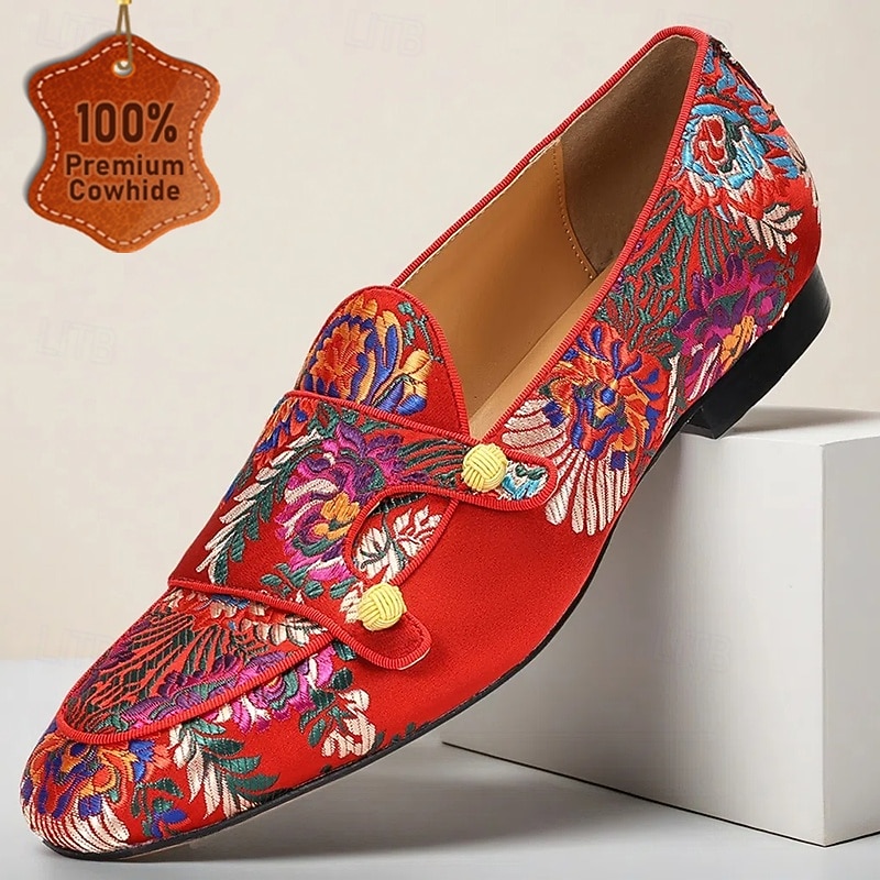 Men's Red Premium Cowhide Mules with Floral Embroidery and Buckle Detail – Fashionable Slip-Ons for Evening Parties, Weddings and Formal Gatherings