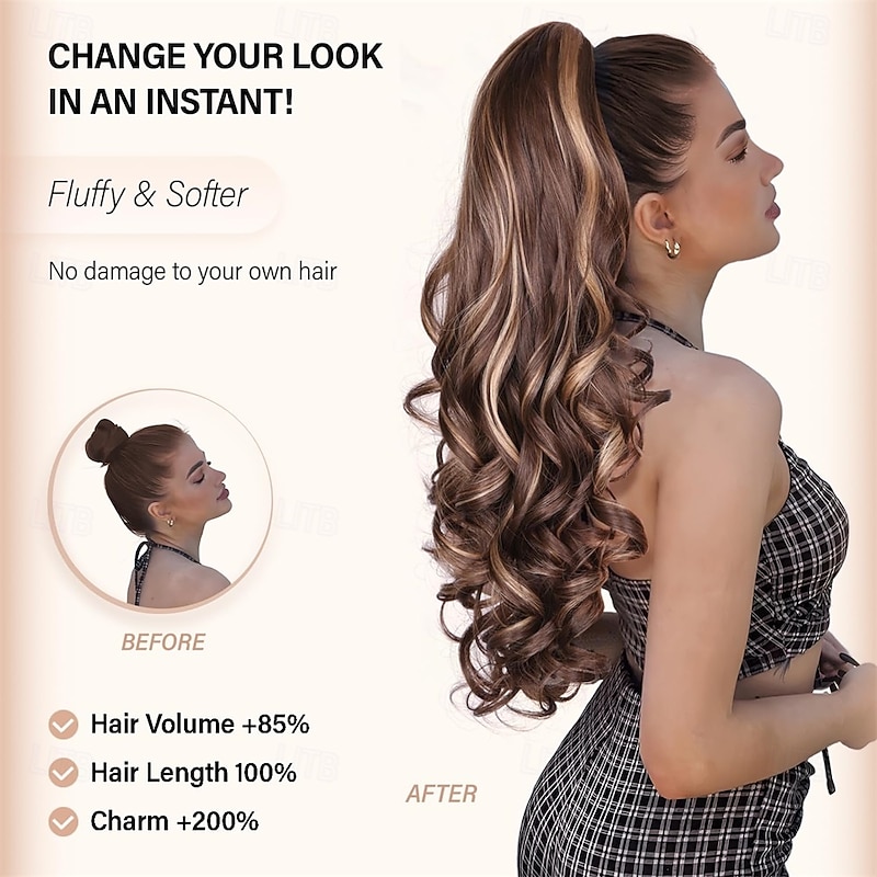 24 Inch Ponytail Extension Clip on Ponytails for Women Long Curly Wavy Ponytail Extensions for Women Synthetic Layered Pony Tails Hair Extensions2
