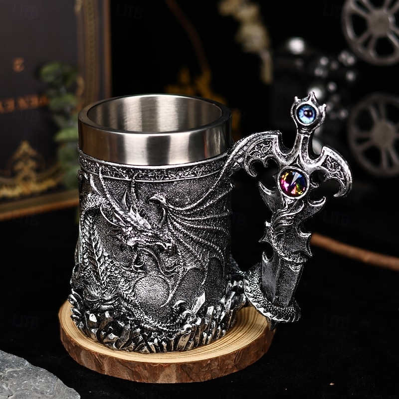 Dragon Warrior Beer Mug,Oktoberfest Gift Mug Western Mythology Fire Dragon Stein, Nordic Sword Tankard, Coffee & Beer Cup, Christmas Gift for Men - Main Image