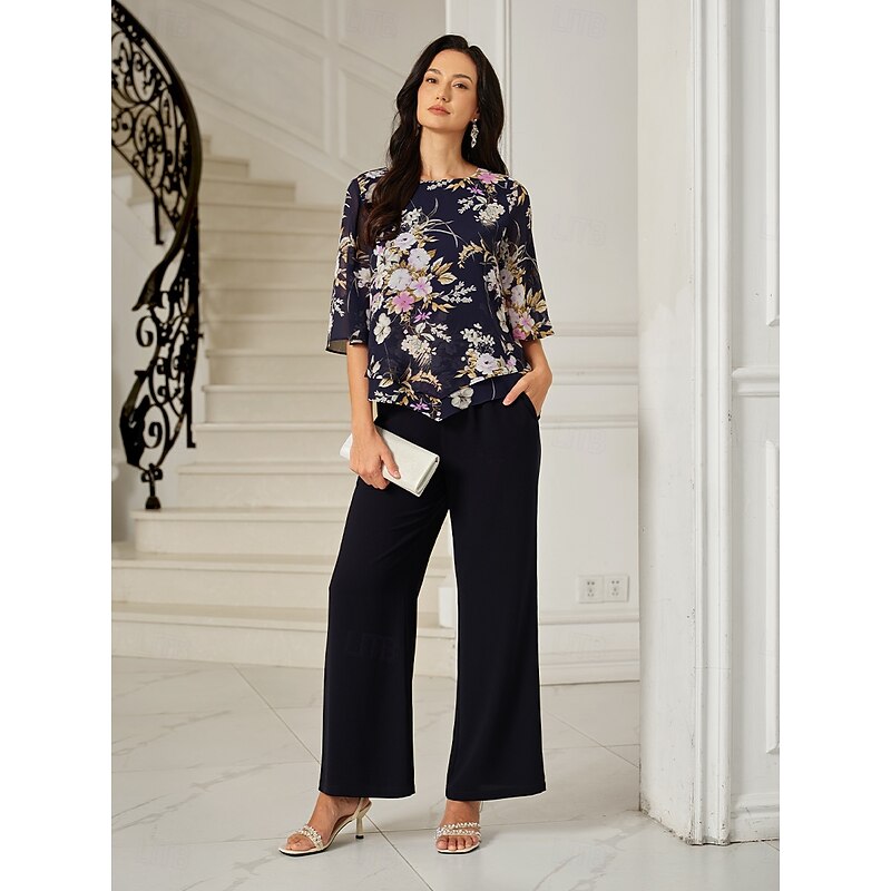 Women's Chiffon Tops Floral Graphic Elegant Daily Stylish Half Sleeve Bell Sleeve Crew Neck Regular Tops Wedding Guest Work Daily Layered Navy Blue Summer Spring Fall4