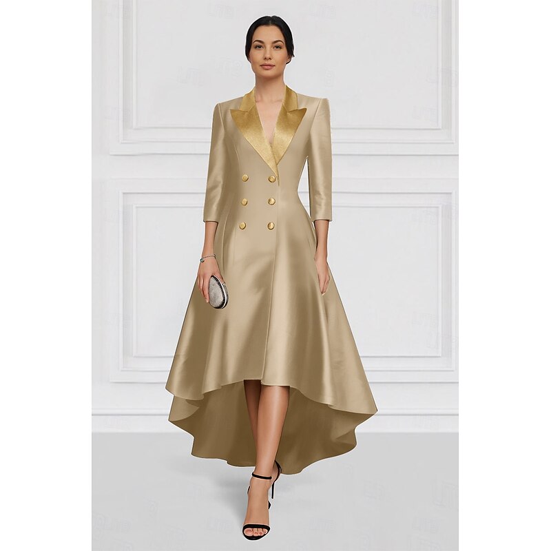 Tuxedo Dress A-Line Formal Satin Elegant Long Sleeve Asymmetrical Ankle Length Lapel Double Breasted3