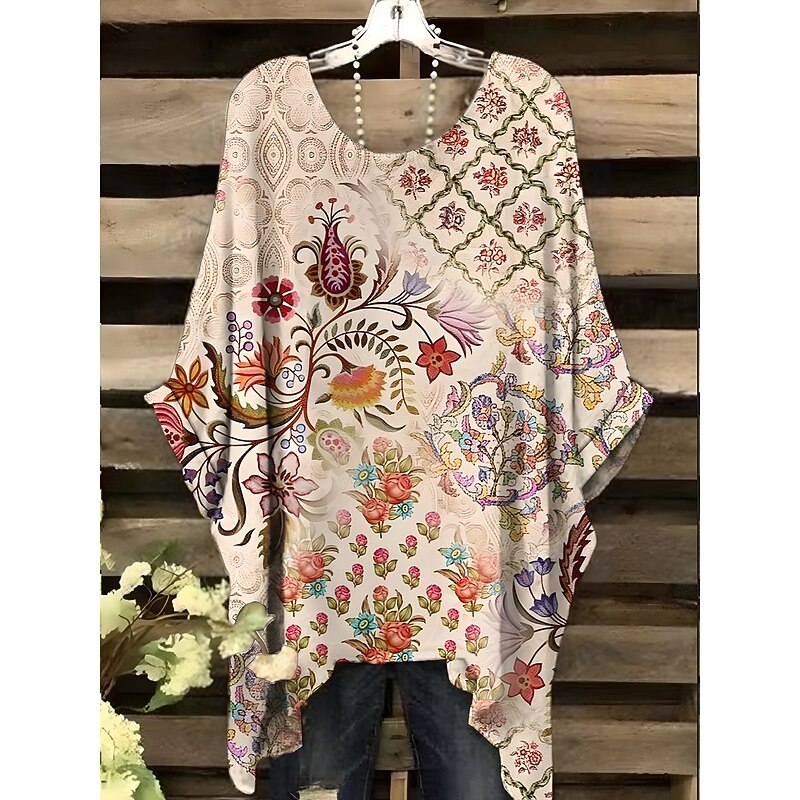 Women's Blouse Graphic Leopard Geometric Elegant Vintage Daily Short Sleeve Batwing Sleeve Crew Neck Regular Tops Daily Holiday Vacation Wear Red Blue Orange Khaki Summer Spring4