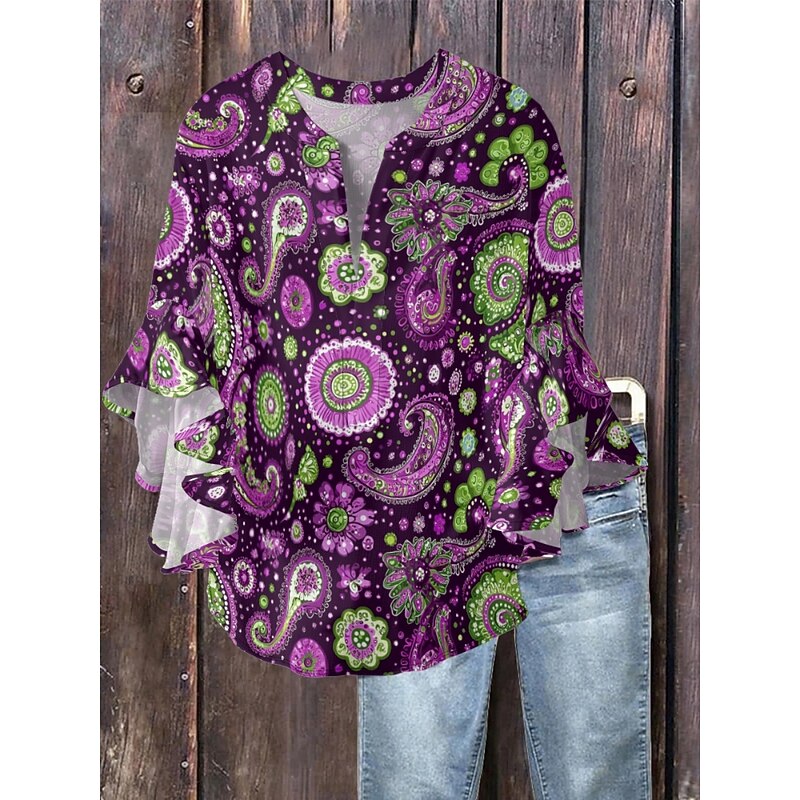Women's Blouse Paisley Retro Vintage Ethnic 3/4 Length Sleeve V Neck Regular Tops Daily Holiday Ruffle Print Black Blue Lavender Purple Green Summer2
